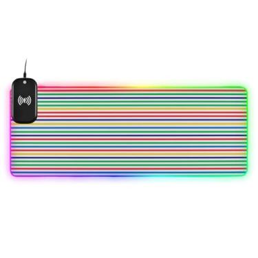 Imagem de CEBUGI Mouse pad de carregamento sem fio Rainbow Stripes 15 W rápido para jogos com 14 iluminação LED RGB para jogos, PC, laptop, mesa de 80 x 30 cm