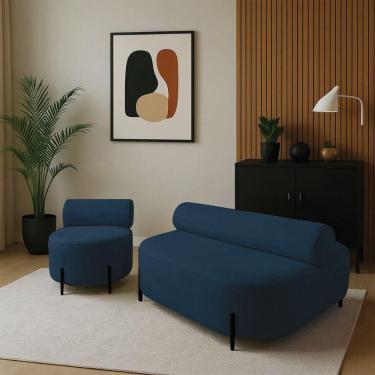 Imagem de Sofá Sala Ilha Orgânico E 1 Poltrona 125cm éden Pé Aço Preto Bouclê Azul E03 - D`rossi
