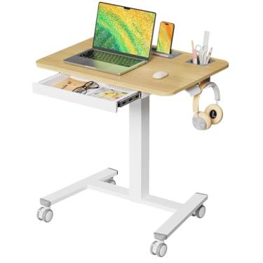 Imagem de JYLH JOYSEEKER Mesa móvel com gaveta, mesa com rodinhas de 71 cm com suporte de copo e ganchos, estação de trabalho portátil para laptop sobre rodas, carrinho de altura ajustável com armazenamento