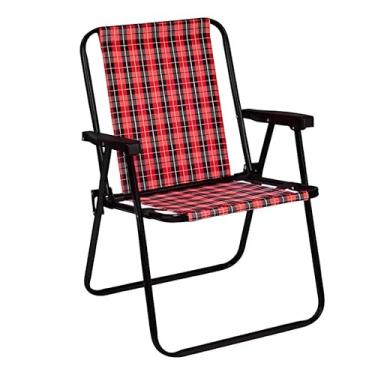 Imagem de Cadeira de Praia Dobrável em Aço Xadrez Vermelha para Camping Jardim e Piscina(Vermelho)