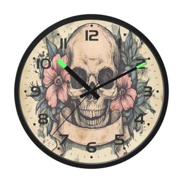 Imagem de SEHANY Relógio artístico de parede de caveira silencioso, sem tique-taque, relógio redondo operado por bateria, controle de som, luz noturna, relógios de parede para sala de estar, cozinha, quarto
