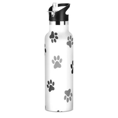 Imagem de Garrafa de água preta cinza com estampa de pata de cachorro branca para adolescentes com tampa de palha, garrafas de água isoladas de aço inoxidável com parede dupla, copos infantis livres de BPA para