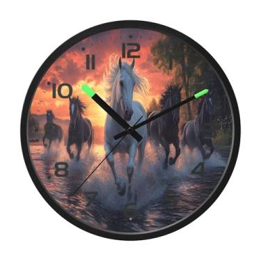 Imagem de SEHANY Relógio de parede artístico majestoso cavalos silencioso, sem tique-taque, relógio redondo operado por bateria, controle de som, luz noturna, relógios de parede para sala de estar, cozinha