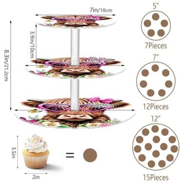Imagem de Suporte de cupcake de 3 camadas redondo para chá de bebê, copo de acrílico, torre de bolo, linda vaca Highland, floral, sobremesa, bandejas, para festa, comida colorida