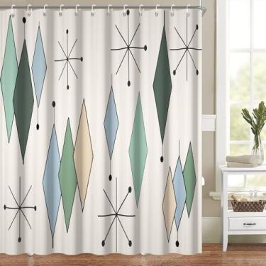 Imagem de Cortina de chuveiro retrô de meados do século para banheiro conjunto de banheira minimalista abstrato decoração diamante geométrico atômico padrão starburst cortina de chuveiro lavável tecido de