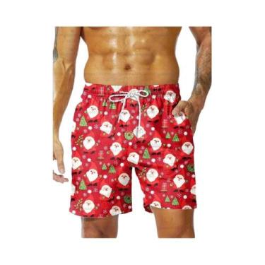 Imagem de Shorts De Natação Masculinos Com Estampa De Floco De Neve Vermelho E B