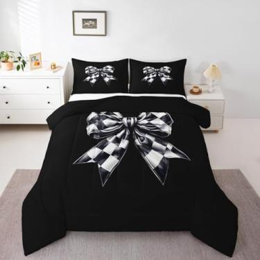 Imagem de Erosebridal Conjunto de edredom completo com laço preto e branco, xadrez, aquarela, laço, edredom para crianças, adolescentes e adultos, enchimento de edredom moderno e simples, preto