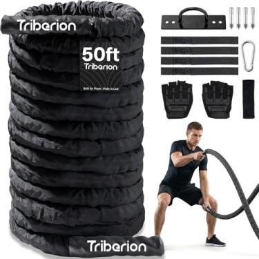 Imagem de Corda de batalha para treino de ginástica em casa - Cordas pesadas para exercícios de treinamento de 4 cm e 15 m, equipamento de fitness com manga e kit de alça de âncora para crossfit e exercícios ao