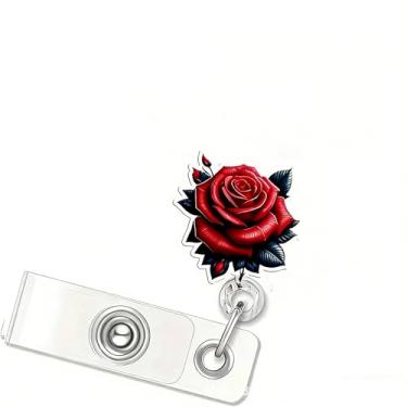Imagem de 1 pacote com carretel de crachá de dia dos namorados, porta-crachás de flores de rosas com clipe retrátil, rosas vermelhas com design de folhas pretas, cartão de identificação, suprimentos de