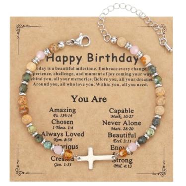 Imagem de Emibele Pulseira de cruz cristã para mulheres, pulseiras de contas de cruz religiosa com pedra natural, joia religiosa, oração, fé, presentes cristãos para mulheres, aniversário, comunhão e batismo