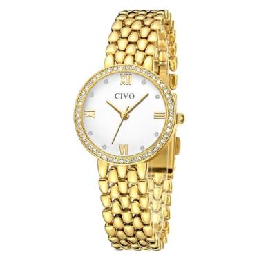 Imagem de CIVO Relógio feminino de quartzo dourado: elegante relógio de pulso de aço inoxidável com mostrador de diamante - relógio feminino de luxo para pulsos pequenos - presente para namorada, esposa, mãe
