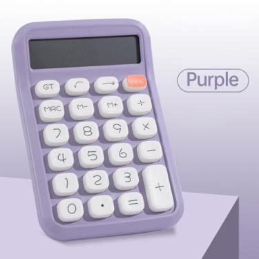 Imagem de Calculadora fofa Tela LCD grande de 12 dígitos Botão redondo grande Calculadora colorida de doces adequada para escritório, escola, casa para crianças, estudantes, contador (Roxa)
