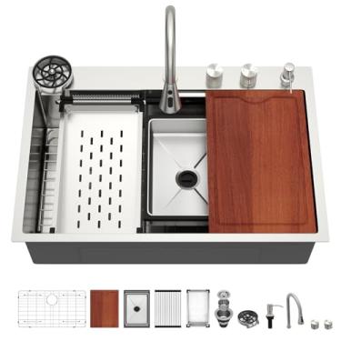 Imagem de Lofeyo Estação de trabalho para pia de cozinha de 83 cm com torneira - 33 x 22 topo de aço inoxidável, calibre 16, tigela única, multifuncional, pia de cascata inteligente com combinação de torneira e