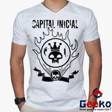 Imagem de Camiseta Capital Inicial 100% Algodão Rock Geeko, Branco gola v, G