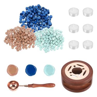 Imagem de PATIKIL Kit de lacre de cera, 150 peças de contas de vedação de cera, aquecedor de madeira, colher derretida, 6 peças de velas tealight para artesanato de correspondência de envelope DIY, azul mar