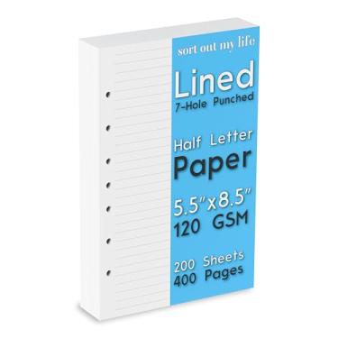 Imagem de Papel pautado com meia letra, perfurado com 7 furos, 200 folhas (400 páginas), 120 g/m², 14 x 21,6 cm, refil para fichários de 7 anéis, pautado de 5 mm