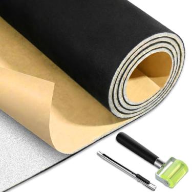 Imagem de Datanly Tecido autoadesivo de forro de cabeça de camurça 91 × 152 cm, substituição do forro de camurça com suporte de espuma, material de substituição de teto automático com rolo e faca para carro