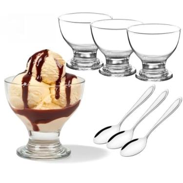 Imagem de Kit de 6 Peças: 3 Taças Fiesta 235ml + 3 Colheres de Inox – Vidro Transparente, Ideal para Sobremesa, Sorvete, Festas e Churrascos