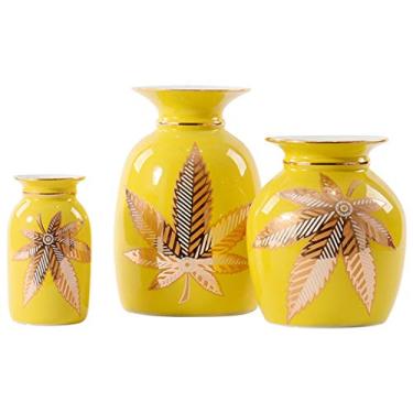 Imagem de Vaso de cerâmica feito à mão, vasos criativos amarelos com folhas de bordo, ornamentos de cozinha nórdica para casa, centros de mesa de jantar criativa, para lareira de fazenda (cor: amarelo, tamanho