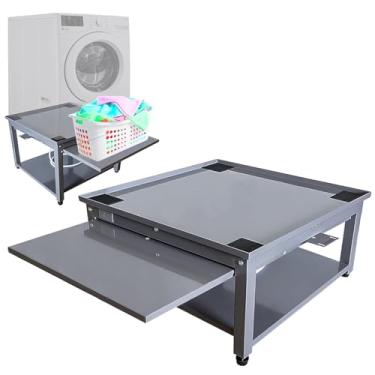 Imagem de Pedestais para lavadora e secadora – Ajuste cinza de 73,7 cm, suporte de aço de 25,4 cm de altura para alívio das costas com prateleira removível, bandeja de drenagem e mangueira, capacidade de 362 kg