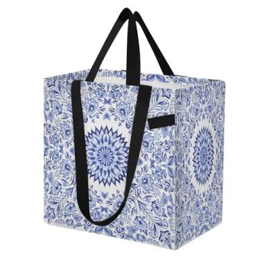 Imagem de SEHANY Sacolas de compras reutilizáveis de porcelana azul e branca com alças reforçadas, bolsa de compras de lona dobrável à prova d'água de grande capacidade para viagem, cozinha, praia