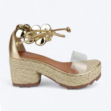 Imagem de Sandália Bloquinho Vinil Salto Corda Bola Dourada - Jess Calçados, 35