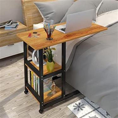 Imagem de U5GAAALPPQ9 Mesa de computador móvel simples mesa lateral para laptop mesa móvel preguiçosa mesa de cabeceira mesa de laptop com prateleiras de armazenamento de 2 camadas e polias bloqueáveis mesas de