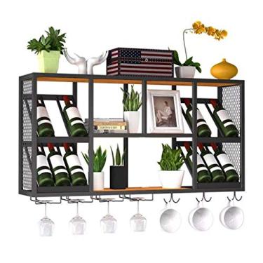 Imagem de Suporte para copos de vinho para pendurar em casa Suporte de metal industrial montado na parede de madeira suporte de garrafa de vinho branco (preto)