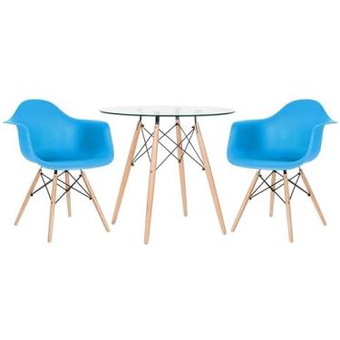 Imagem de Loft7, Kit Mesa de vidro Eames 80 cm + 2 cadeiras Eames Daw azul céu