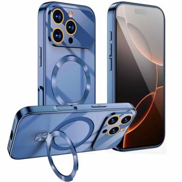 Imagem de HUHUCASE Capa de celular para iPhone 13/14/15/16/17 Pro Max, com suporte magnético para janela grande e proteção antiqueda de vidro temperado (iPhone14 Pro, azul)