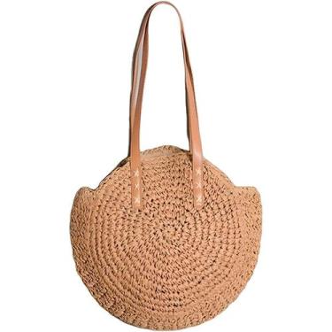 Imagem de Bolsa Redonda Palha Passeio Praia Forrada Caramelo 43cm - genérico