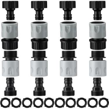 Imagem de Hotop 16 peças de conector rápido de mangueira de jardim de plástico de 3/4 polegadas, conectores macho e fêmea, adaptadores de extremidade com 10 peças de juntas de borracha (cinza, preto)