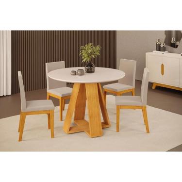 Imagem de Conjunto: Mesa Sala Jantar Celeste c/ Tampo Madeirado c/ Vidro Redondo 103x103cm e 4 Cadeiras Suzy Cedro/Off White - Suede Creme - DJ Móveis