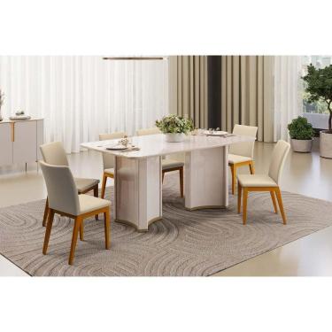 Imagem de Conjunto: Mesa de Cozinha Liz c/ Tampo Madeirado c/ Vidro Curvo 180x100cm e 6 Cadeiras Vitória Off White - Ipe/Linho Neve - DJ Móveis