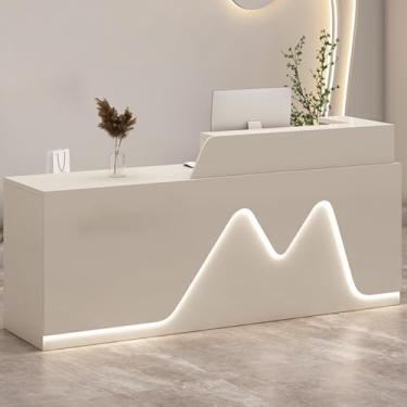 Imagem de Mesa de recepção frontal grande moderna com luz LED e gaveta com trava para salão, loja, escritório - off-white (120 cm)
