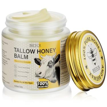 Imagem de BIETCR Sebo bovino orgânico alimentado com grama para pele, corpo, hidratante facial de sebo para eczema, protetor labial, bálsamo de mel de sebo batido, loção corporal totalmente natural para