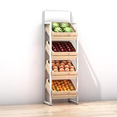 Imagem de Prateleira de vegetais comercial, rack de exibição de supermercado de 3 a 4 níveis, suporte de frutas e vegetais de grande capacidade com cestas de madeira, ideal para armazenamento de varejo e