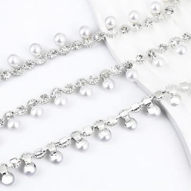 Imagem de Acabamento de franja de strass de 1 jarda de pérola, acabamento de corrente de pérolas de strass, corrente de diamante de cristal de prata com contas para costura, artesanato, casamento, vestido de