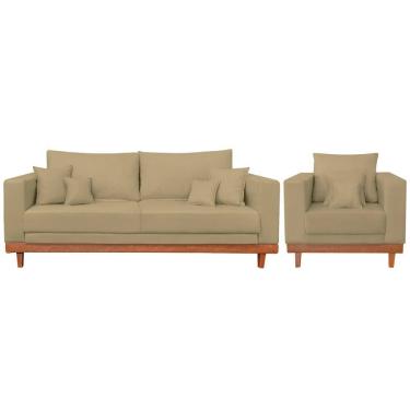 Imagem de Kit 1 Poltrona Living + Sofá 3 Lugares Madeira Tecido Suede