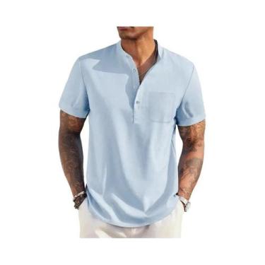 Imagem de Camiseta Masculina De Verão Em Algodão E Linho Com Gola Henley, Leve, 