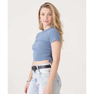Imagem de Blusa Cropped Feminina Canelada Drapeado Marisa-07013, Azul, PP