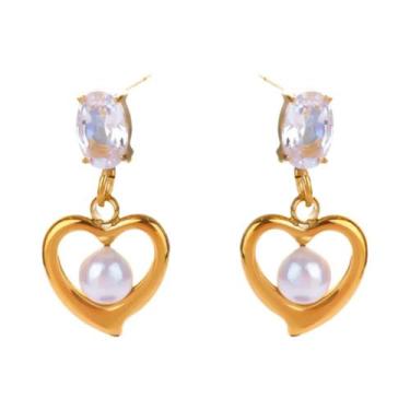 Imagem de Brincos De Coração Em Zircônia Dourada Para Mulheres, Joias De Moda Em