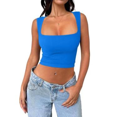 Imagem de Camiseta regata feminina Meyeeka sem mangas cortada em azul royal