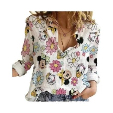 Imagem de Camisa Feminina De Verão Com Botões E Manga Comprida Disney Minnie Mic