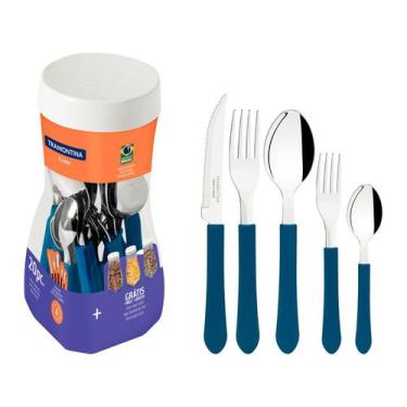 Imagem de Faqueiro Leme 20 Pçs Tramontina Jogo Talheres Aço Inox Azul, Azul, 20 