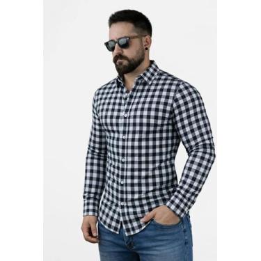 Imagem de Camisa Manga Longa Slim Xadrez Masculina Algodão - Genérico, Cinza, P