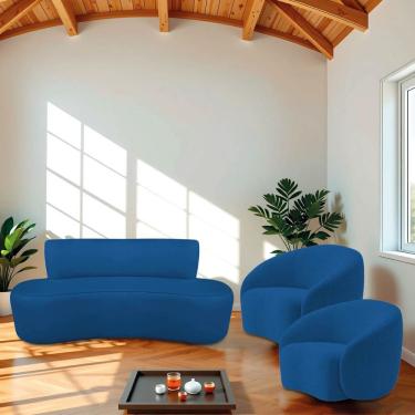 Imagem de Kit Sofá Conjunto Amsterdã 3 Lugares 200cm Azul Linho com 2 Poltronas Amore Luxo Sala