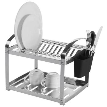 Imagem de Escorredor de Pratos Suprema 2099-112 para 12 Unidades em Aço Inox com Porta Talheres para Cozinha Inox Brinox