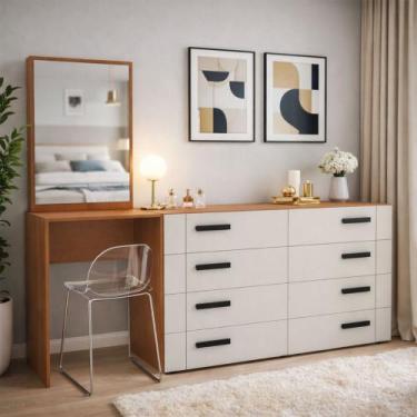 Imagem de Cômoda Lisboa 8 Gavetas com Espelho Creme/Freijó - Politorno, Bege