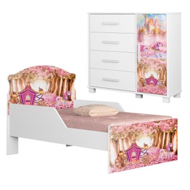 Imagem de Mini Cama Infantil 153x79 e Comoda 4 Gavetas 1 Porta MDF Livia Decmade
